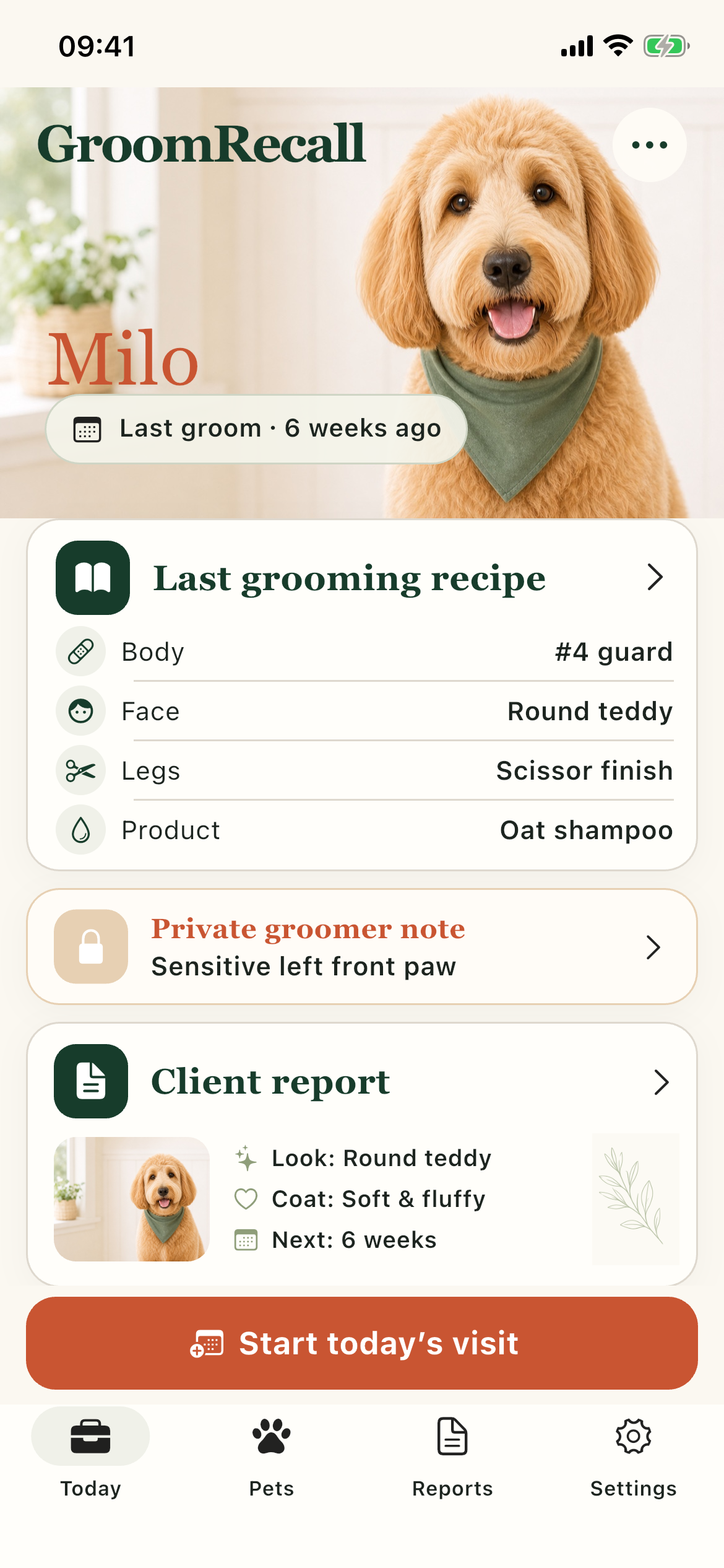 GroomRecall home screen showing Milo, the last grooming recipe, a private note, and a client report.